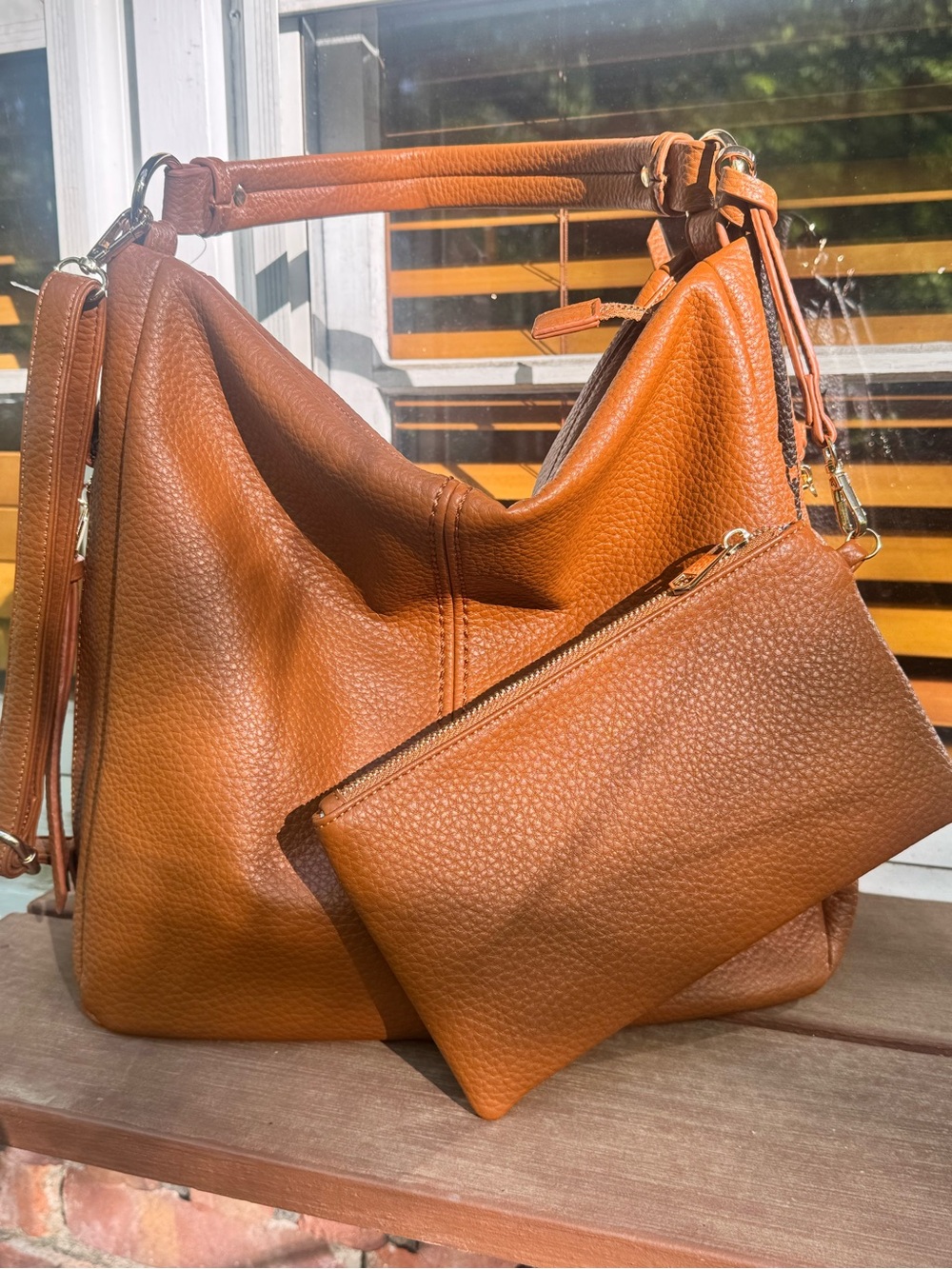 Slouchy Vegan Leather Tote w/ Wristlet Pouch & Crossbody Strap – NWOT